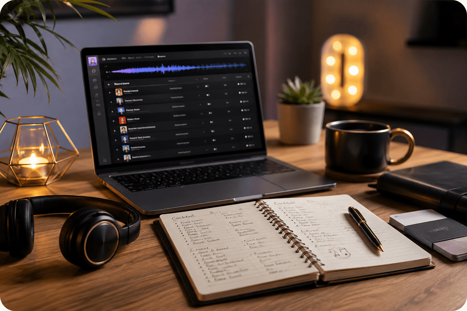 Personalised DJ music planning with laptop, headphones and handwritten song list