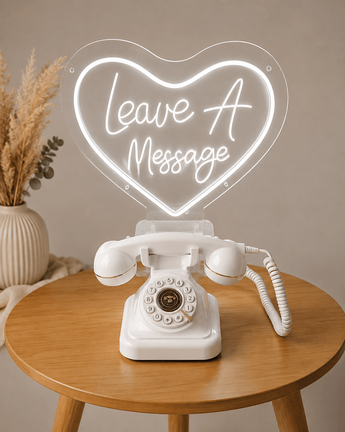 Telephone audio guestbook with vintage telephone and illuminated sign for wedding celebrations