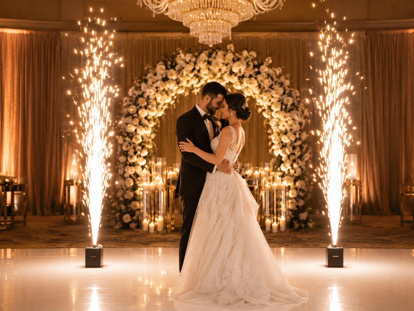 Concept image of cold spark fountains at a wedding celebration