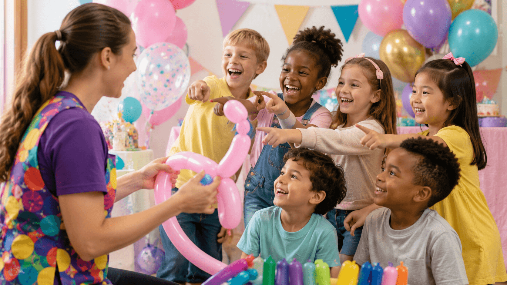 Children enjoying interactive balloon modelling at a party