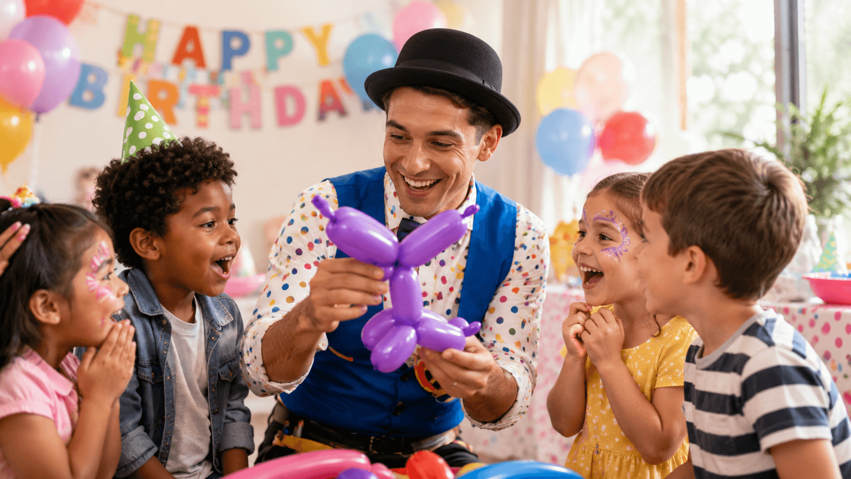 Balloon modeller creating a balloon for children at a party