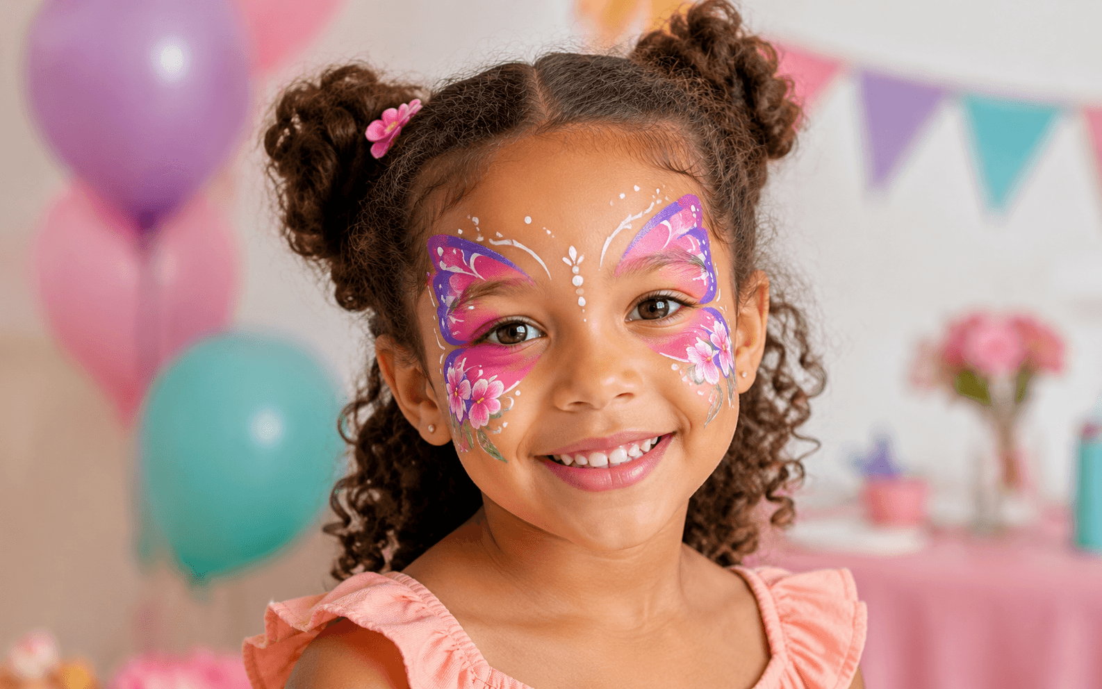 Child with colourful butterfly and flower face painting