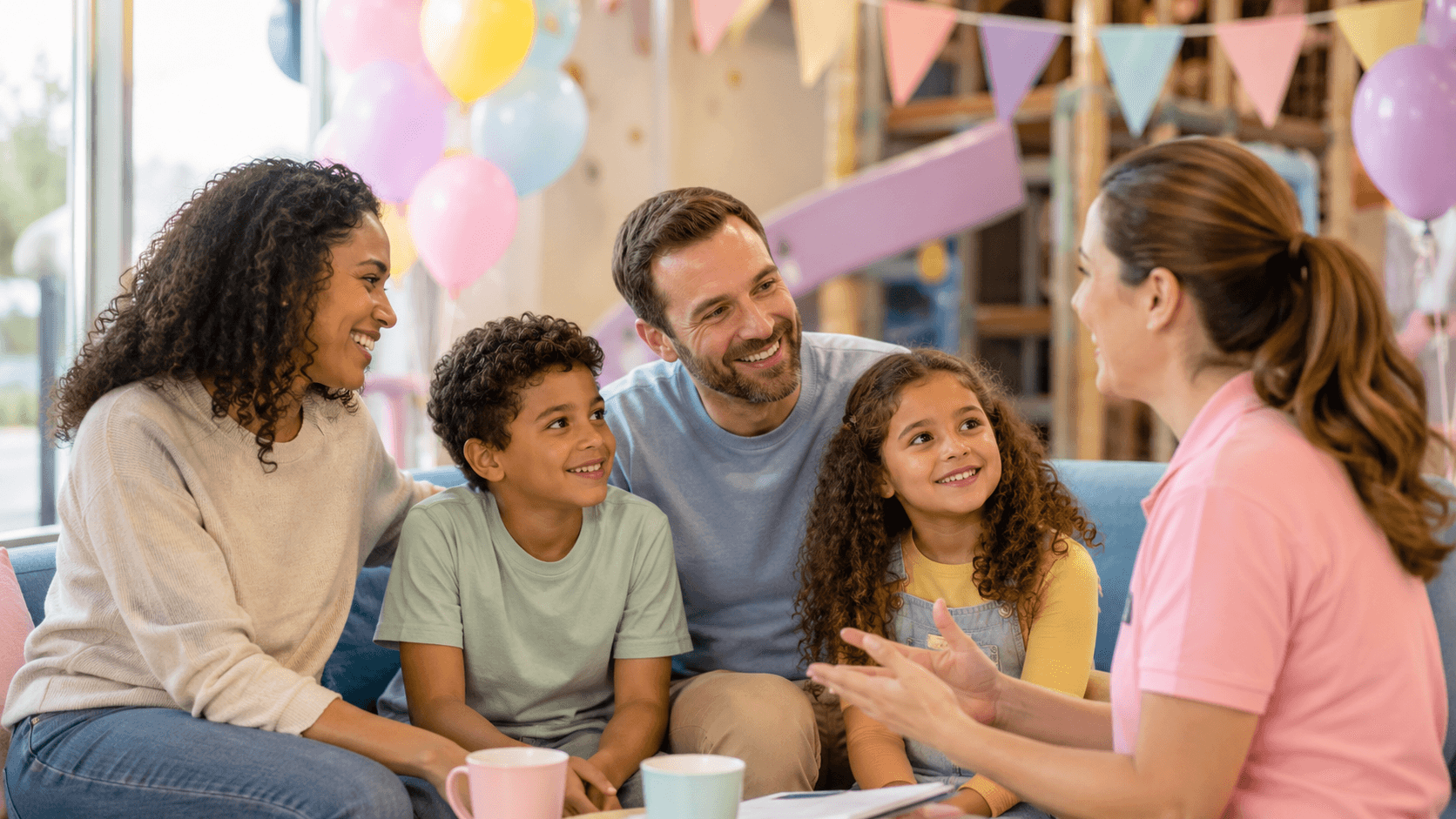 Family discussing an inclusive children's party in a welcoming play environment