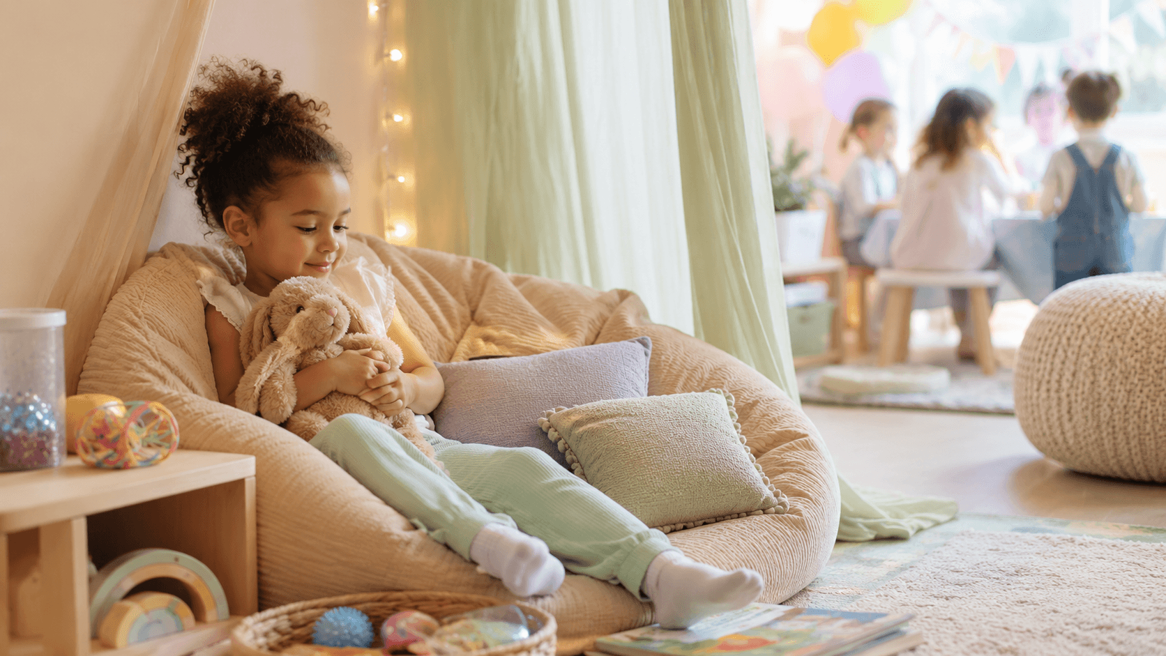 Child relaxing in a calm quiet break area during a children's party