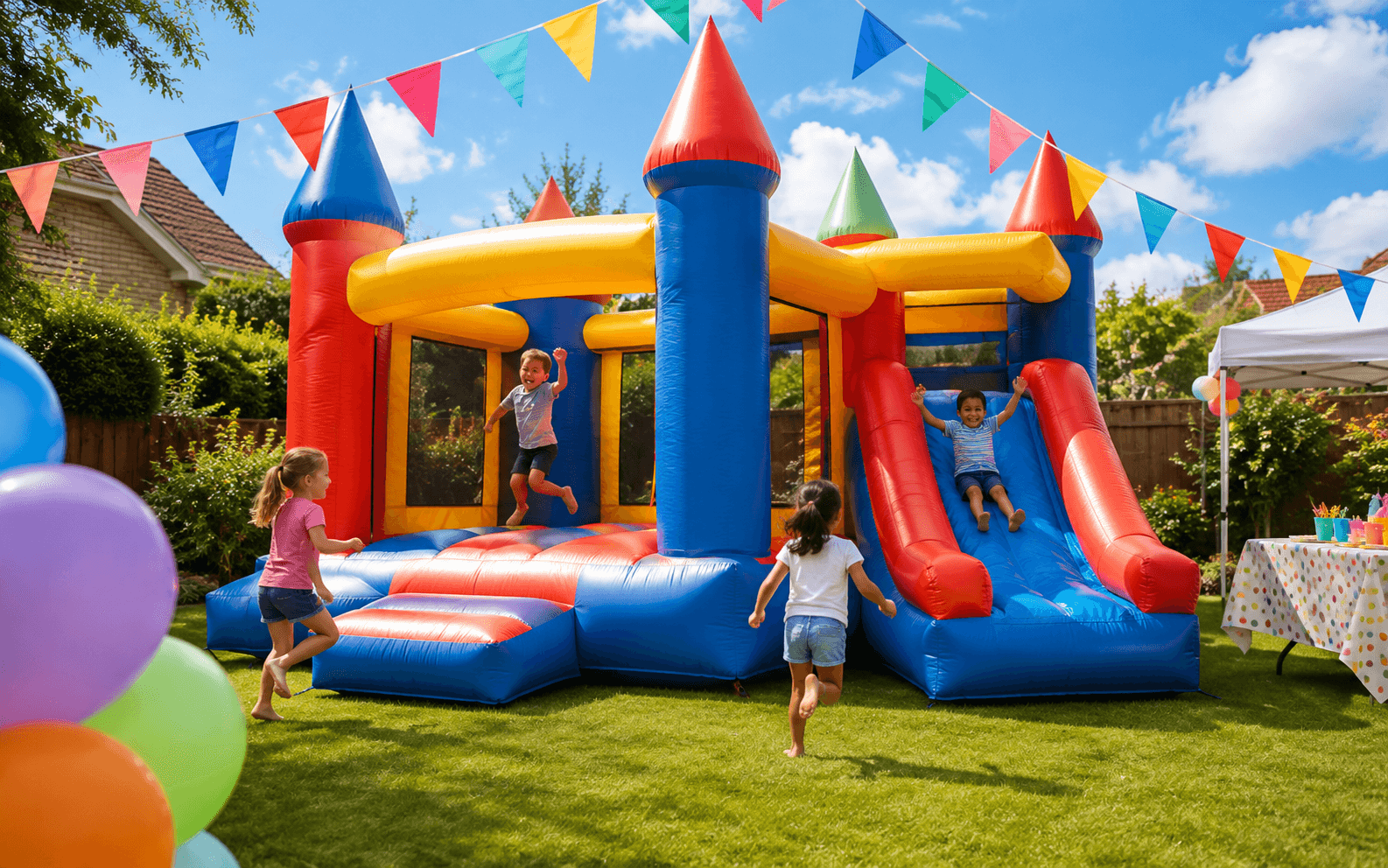 Colourful bouncy castle at a children's party