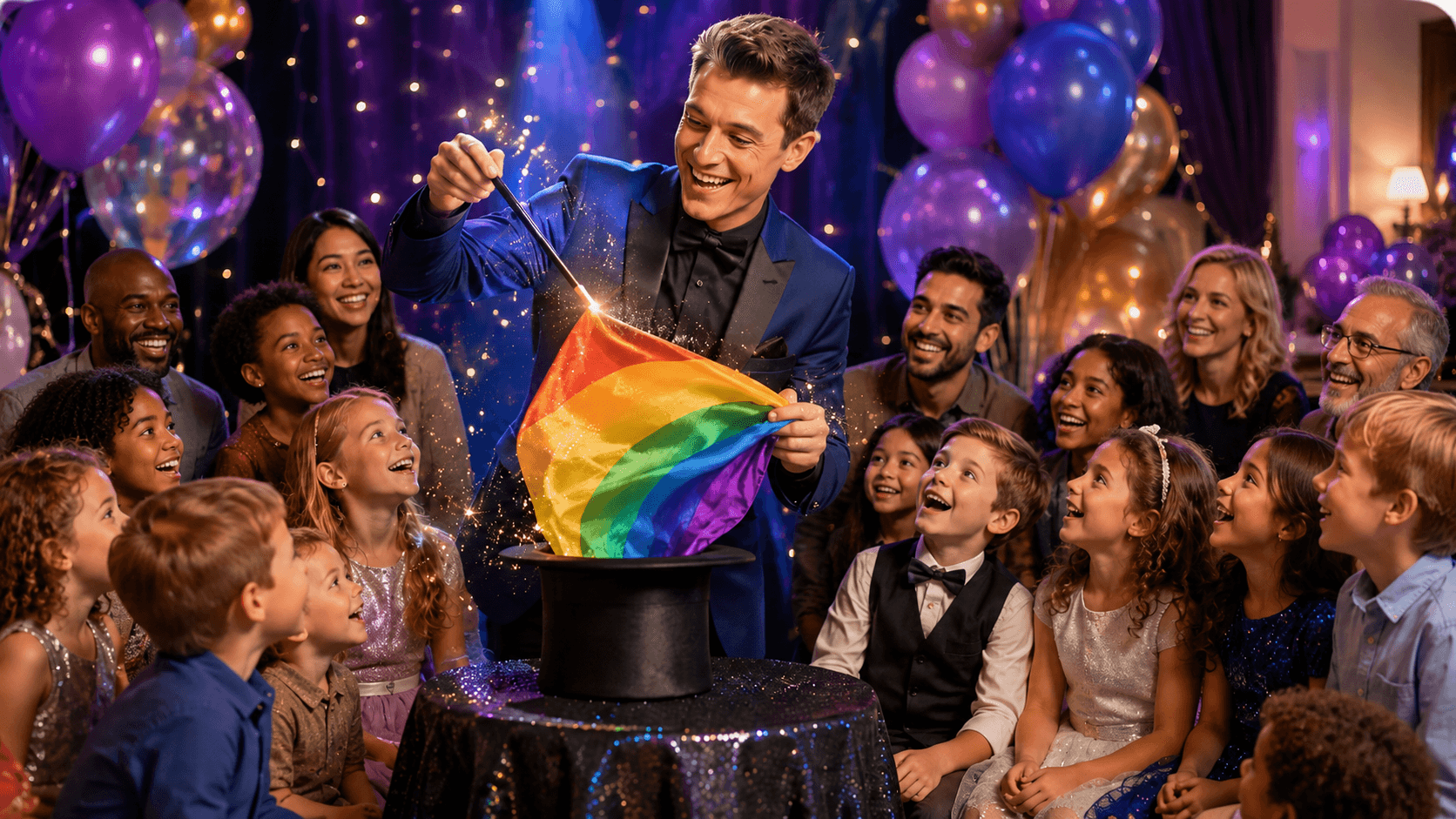 Magician entertaining children and families at a celebration