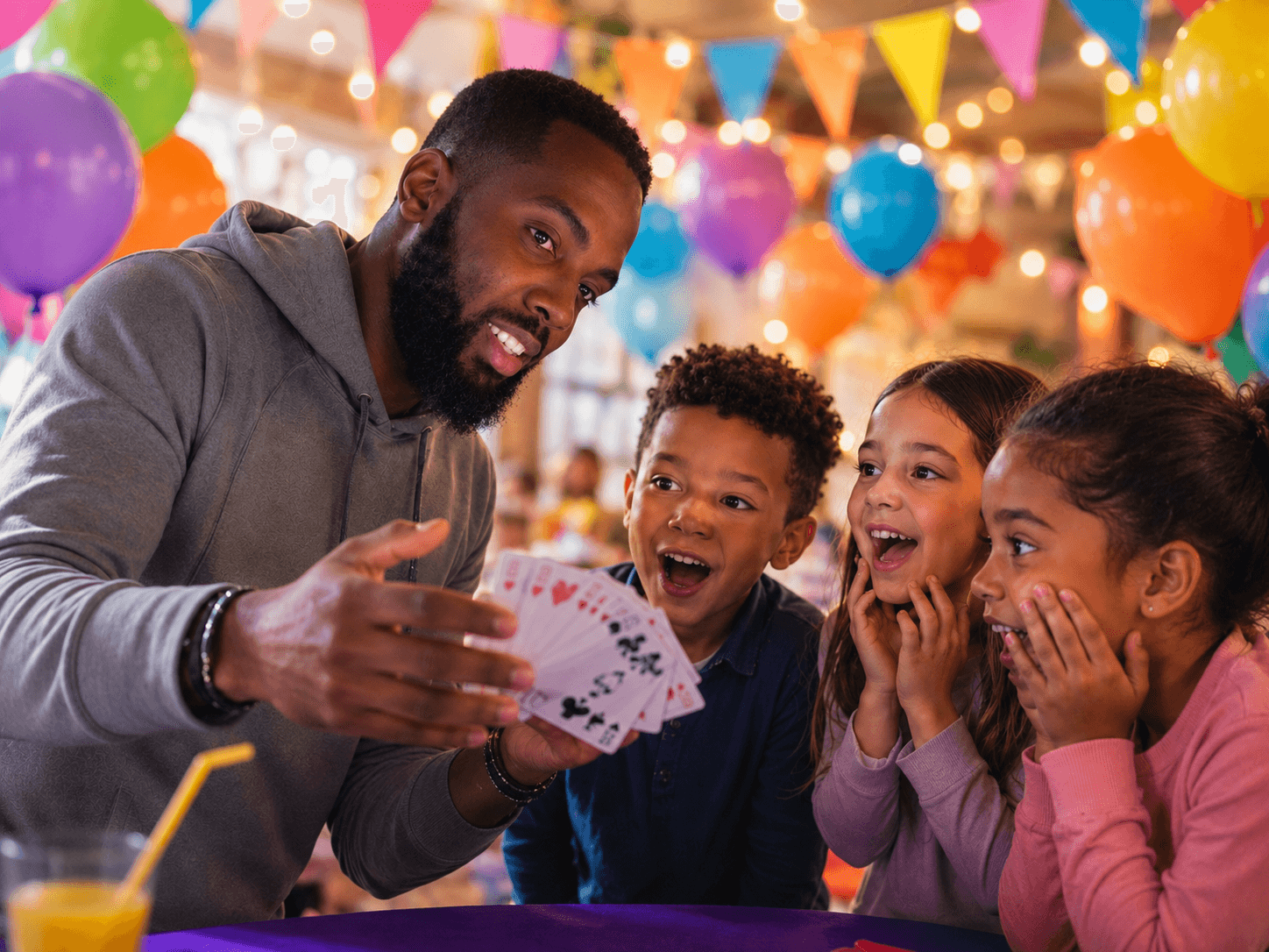 Magician performing interactive magic for children at a birthday party