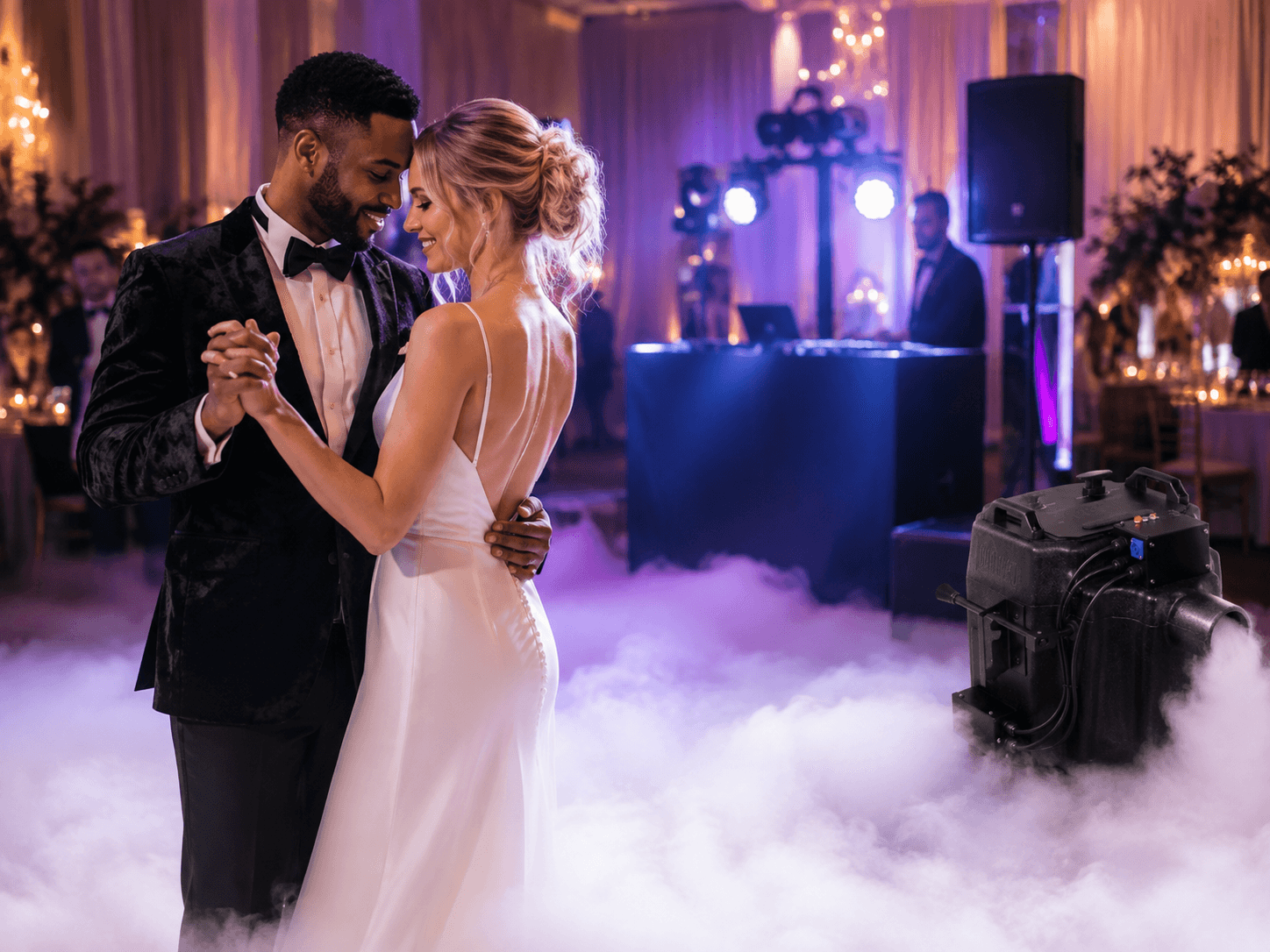 Low-lying dry ice effect surrounding a couple during a wedding first dance