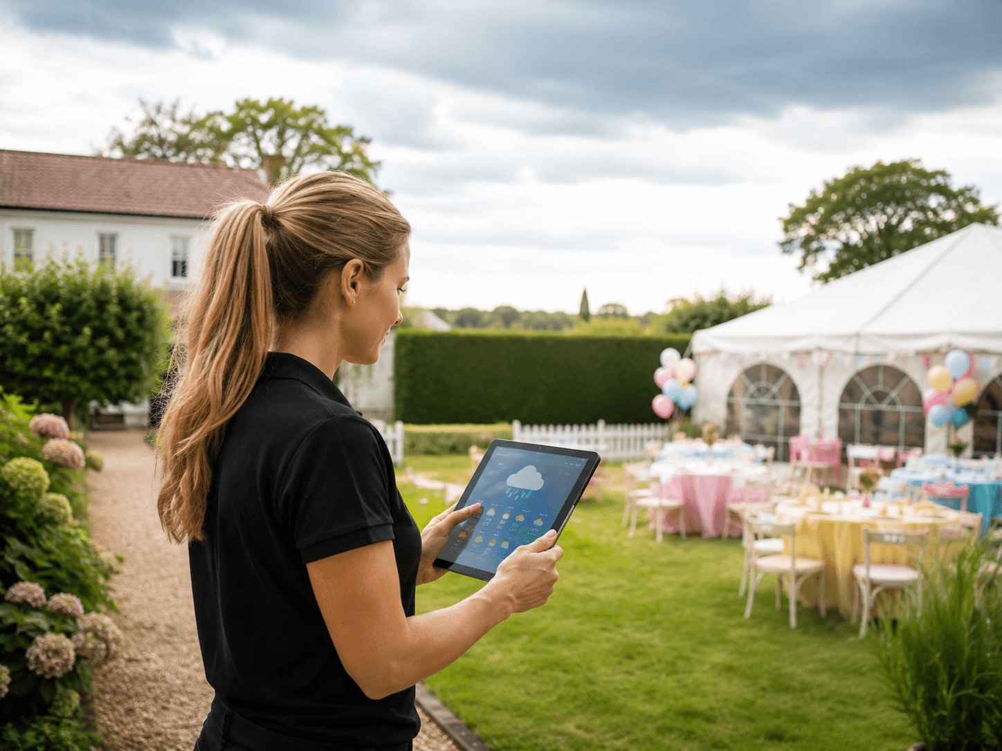 Event staff checking the weather before an outdoor party setup