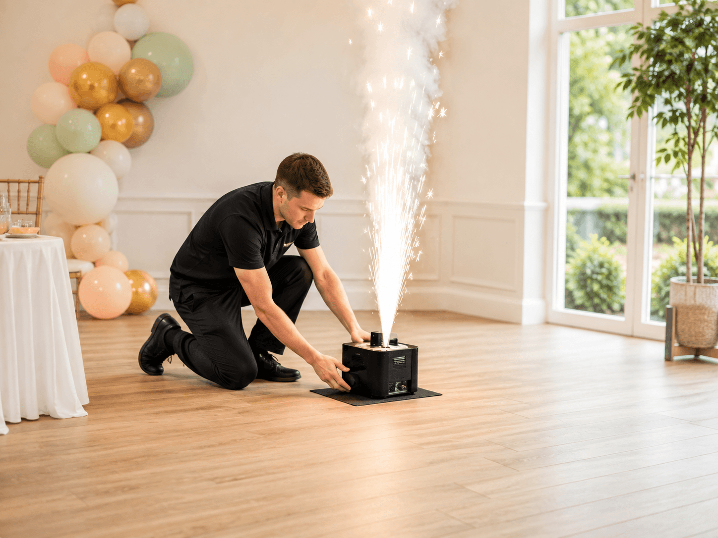 Party effects equipment positioned on a suitable indoor event surface