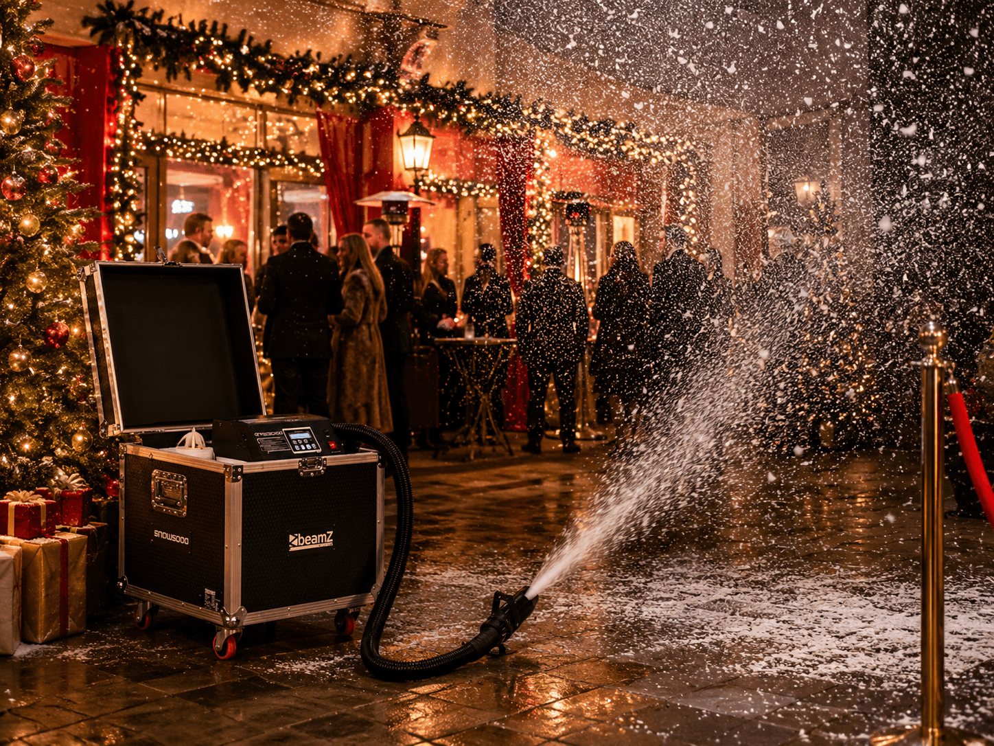 Snow machine creating a falling snow effect at a festive celebration