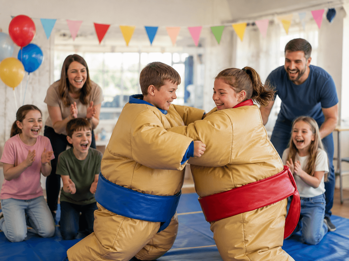 Two children entering a padded sumo activity area