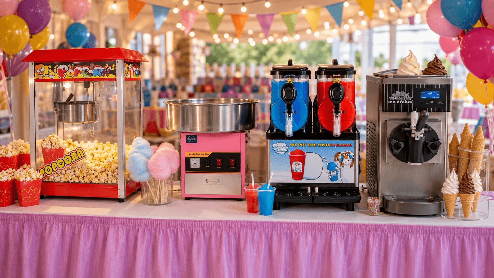 Popcorn, candy floss, slush and soft ice cream machines set up together for a colourful party