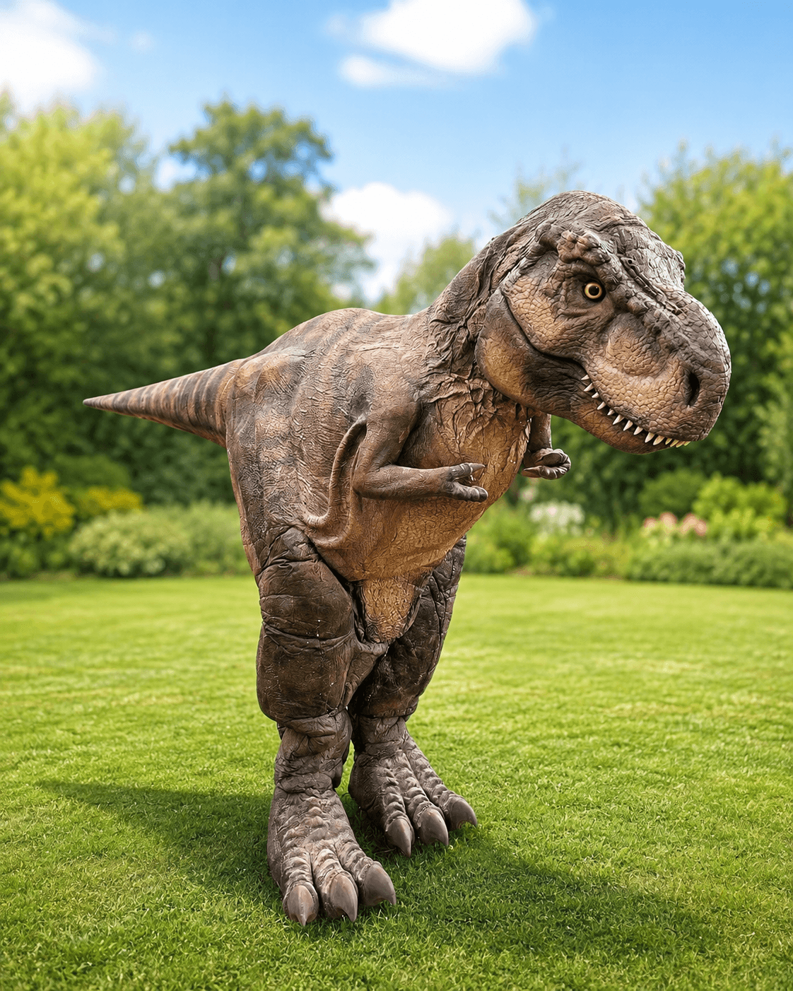Realistic T-Rex dinosaur entertainment costume on grass