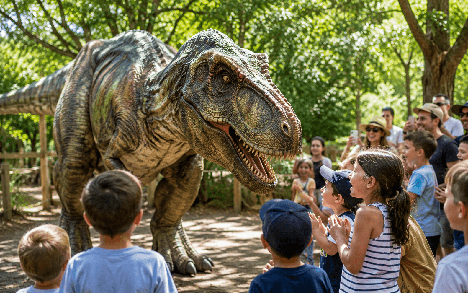 Realistic dinosaur entertaining children at an event